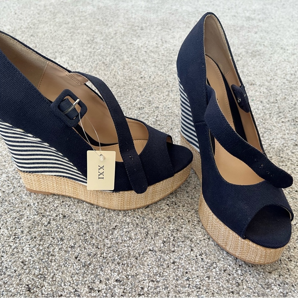 Forever 21 Navy and Tan Wedge Sandals